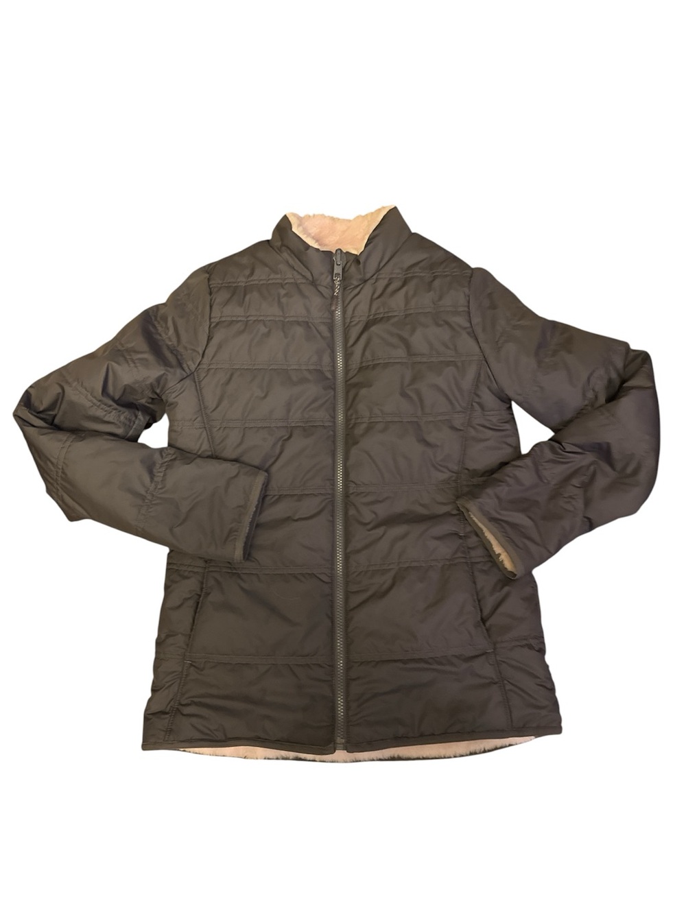 Athleta Gray Reversible Quilted Puffer Coat with Pink Fur